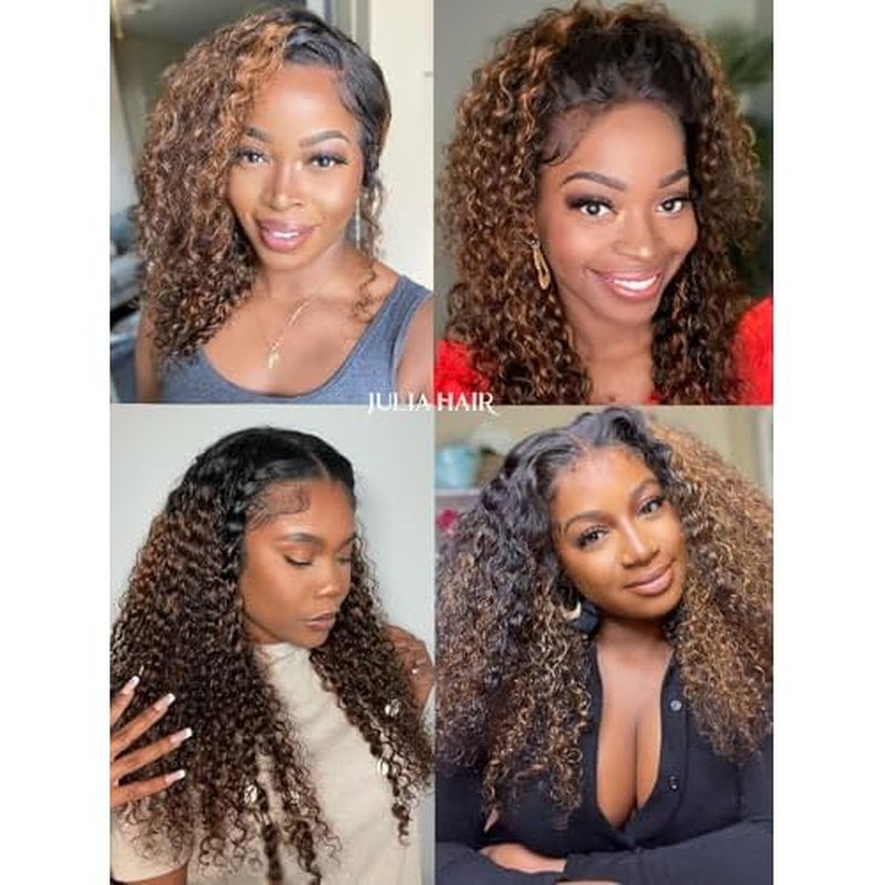 Julia Hair Highlight V Part Curly Wigs with Drawstring Balayage Brown Clip-In Half Wigs EasiContour Upgraded U Part Jerry Curly Glueless Human Hair Wig Beginner-Friendly Ready to Go 14 Inch