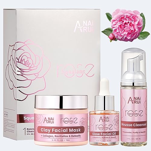 ANAiRUi Rose Skincare Gift Set, Christmas Gift for Women, Facial Skincare Kit for Women, Rose & Squalane Face wash and Moisturizer Set with Clay Mask, Face Cleanser and Facial Oil, Purify, Hydrate