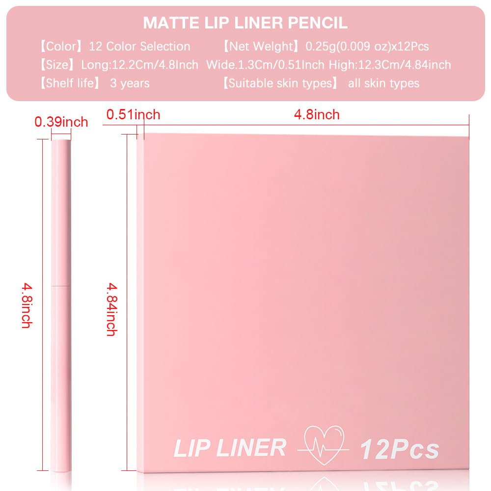 **12Pcs Retractable Lip Liner Pencils Set - Creamy Matte Velvet Colors for Plump Lips | Mauve, Maroon, Red, Nude, Brown**