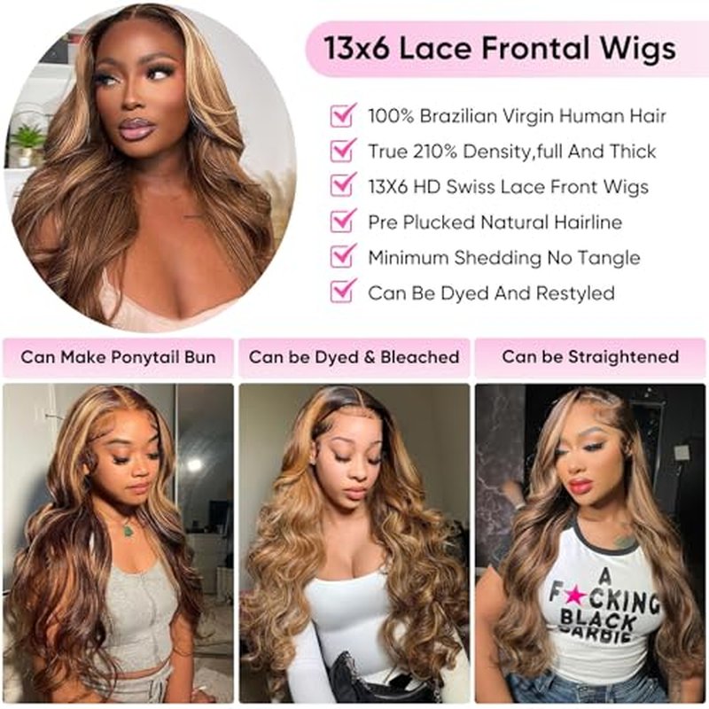 Honey Blonde Ombre 13x6 Lace Front Wig Human Hair 210 Density Highlight Body Wave Lace Front Wigs Human Hair Pre Plucked Glueless Lace Frontal Wig for Women 4/27 Colored 24Inch