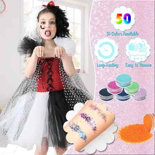 TEUVO Glitter Tattoo Kit for Kids, 50 Glitter Colors, 199 Stencils, 2 Gem Stickers, 4 Glue, 5 Brushes Body Face Arts Glitter Makeup Temporary Tattoos for Girls Halloween Christmas Birthday Party Gifts