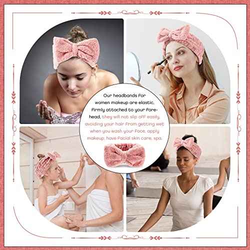 Yunlly 20 Pcs Spa Headband for Women 4 Inches Width Facial Makeup Hair Band Bulk Skincare Headbands for Washing Face Bowtie Slumber Party Supplies Fluffy Head Wraps(Rose Pink)