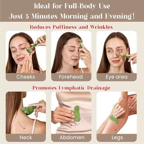 Rena Chris Gua Sha and Face Roller Set: Anti-Breakage Jade Roller for Long-Lasting Use, Jawline Sculpting and Puffiness Reducing, Gua Sha Facial Tools for Self Care Gift (Green)