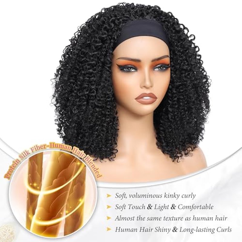 Urbeauty Short Kinky Curly Headband Wigs for Black Women Human Hair Soft Feeling Protein Silk Synthetic Hair Soft Lightweight Glueless Quick Install, Beginner Friendly Daily & Flip Over Wig