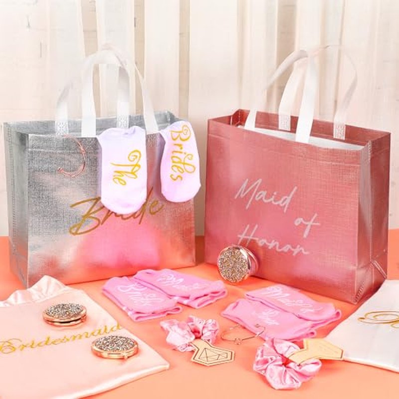 Toulite 48 Pcs Bridesmaid Robe Sets Silk Satin Bride Party Robes with Bachelorette Gift Handbags Knot Bracelets Hair Ties Rhinestone Mirrors and Socks for Bridesmaid Wedding Bachelorette Party