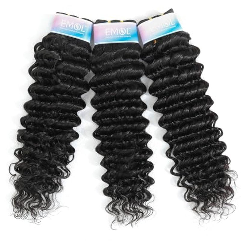 Deep Wave Bundles, Curly Bundles Human Hair, 16 18 20 Inch, Wet and Wavy, Natural Black, Soft, 285g-300g, Brazilian Hair