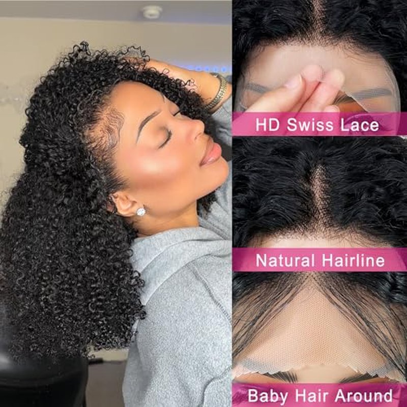 ijoy Natural Black Kinky Curly Wig Human Hair 16 Inch 13x4 Lace Front Wigs 180 Density, Full and Thick Afro Curly Wigs for Black Women Brazilian Virgin Hair Bob Frontal Wig Natural Black Afro kinky