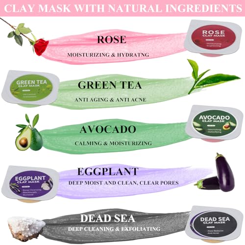 Clay Mask Set 20 Pods, Face Mask Skin Care, Green Tea, Turmeric, Dead Sea Mud, Rose, 24K Gold, Eggplant, Avocado, Mud Mask Deep Cleansing Skin, Blackhead Removal, Men & Women Facial Mask