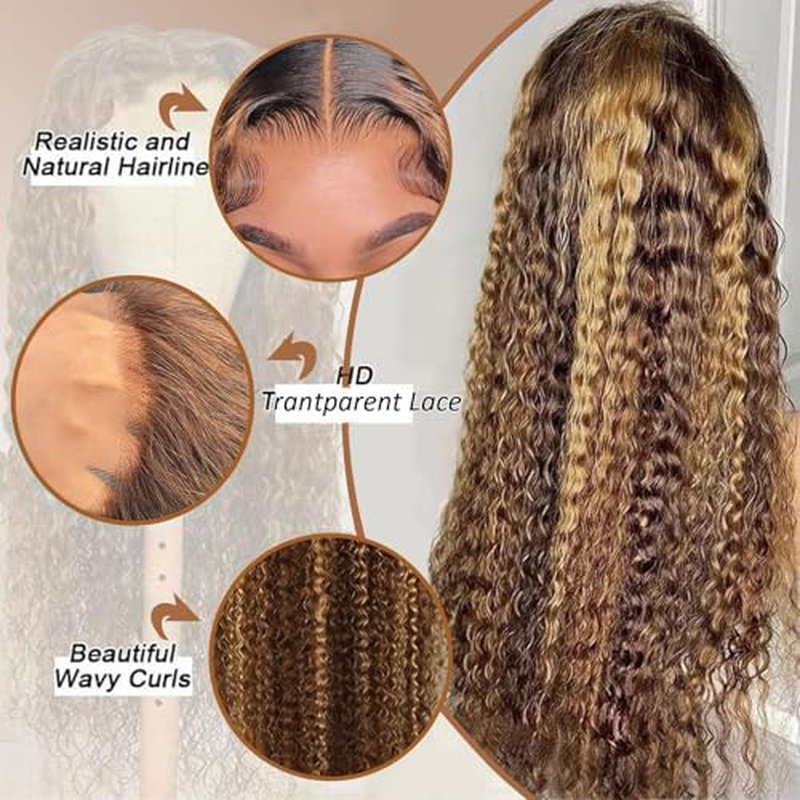 22 Inch Highlight Ombre Deep Wave Lace Front Wigs Human Hair Wig 13x6 Honey Blonde Wig Human Hair HD Glueless Deep Wave Wig 4/27 Colored Wet and Wavy Curly Wig Pre Plucked for Women