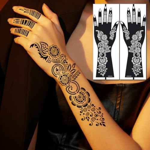 XMASIR Henna Tattoo Stencils Kit, 12 Sheets Temporary Stickers Hand Forearm Glitter Airbrush DIY Tattoo Template for Women and Girls (Black)