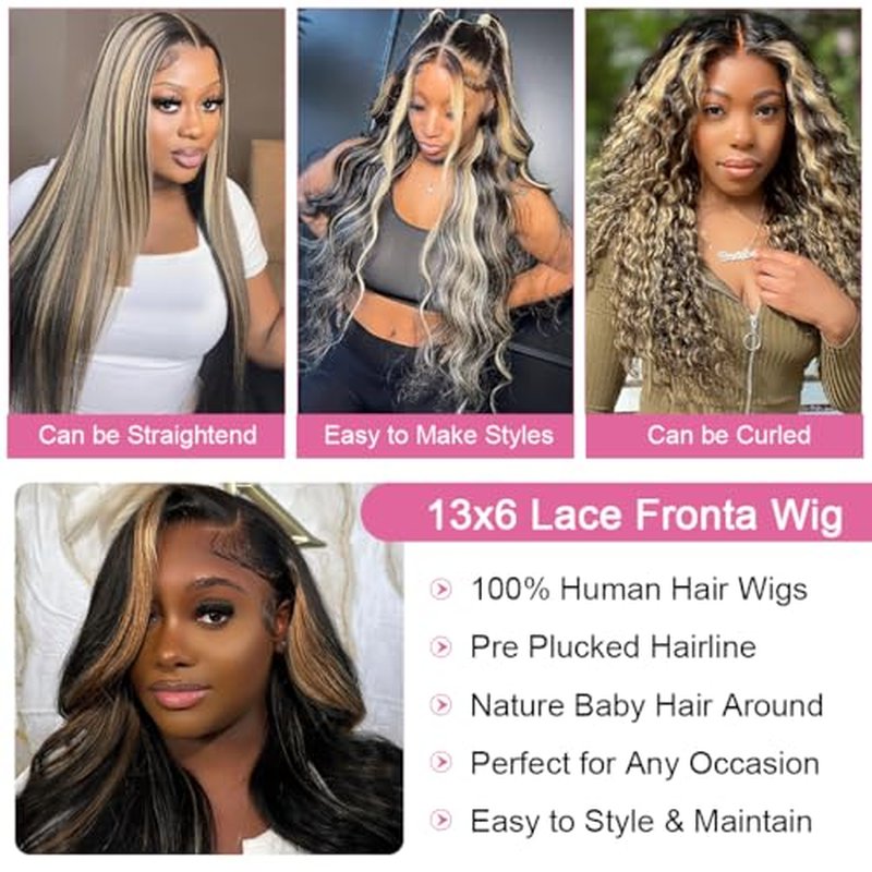 20 Inch 1B/27 13x6 Balayage Highlight Ombre Body Wave Lace Front Wigs Human Hair Honey Blonde Colored Lace Frontal Glueless Wigs Human Hair Pre Plucked for Women with Baby Hair