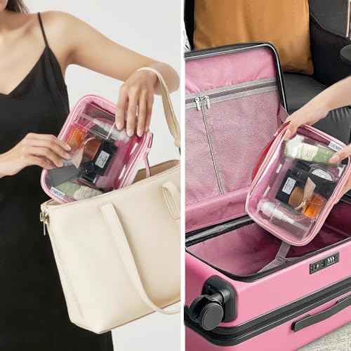 Clear Makeup Bag Toiletry Bag for Women 4 Compartments Travel Cosmetic Case Large Capacity Waterproof Skincare Pouch Organizers with Zippe Deep Pink