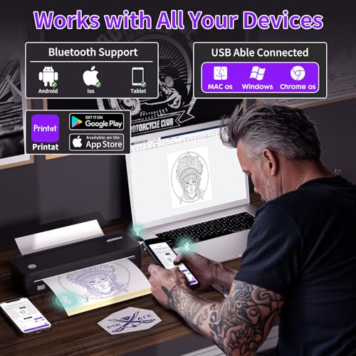 JADENS Tattoo Stencil Printer with 40pcs Transfer Paper, Bluetooth Thermal Tattoo Printer Machine with 2600mAh Battery, Compatible with Android & iOS, PC for Tattoo Artists & Beginners