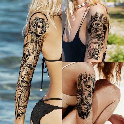 20 Sheets Black Zeus God Full Arm Temporary Tattoos For Men Adults Thigh, Bulk Temp Egypt Judgement God Albis Medusa Poseidon Fake Sleeve Tattoos For Women, Halloween Tattoo Sticker Anchor Ship Faith
