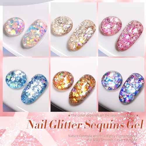 Born Pretty Glitter Sequins Gel Nail Polish, Sparkle Shiny Gel Polish, Pink Blue Gold Platinum Holiday Gift Gel Polish Design, Nail Art Starter Manicure Salon DIY at Home 7ML 6PCS