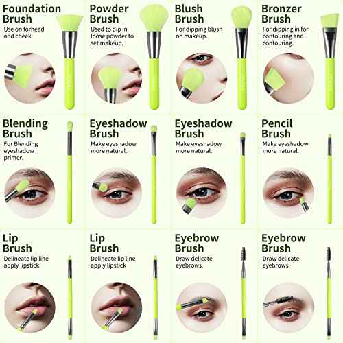 Docolor Makeup Brushes 10Pcs Makeup Brush Set Premium Synthetic Powder Kabuki Foundation Contour Blush Concealer Eye Shadow Blending Liner Make Up Brush Kit - Neon Green