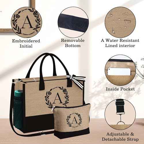 YOOLIFE Personalized Gifts for Women - Initial Jute Tote Bag & Makeup Bag, Birthday Gifts for Women Mom Wife Teacher Friend