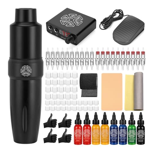Cartridge Tattoo Machine Kit, ATOMUS Pen Rotary Tattoo Machine with Power Supply 8 Bottles Tattoo Inks 20 Mixed Cartridge Needles Foot Pedal RCA Clip Cord Power Cable (Black)