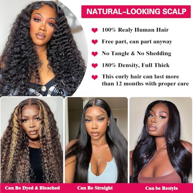 22 Inch Deep Wave Lace Front Wigs Human Hair 13x6 HD Lace Frontal Wigs Human Hair Pre Plucked Natural Color Glueless Wig 180% Density Deep Curly Wigs for Black Women