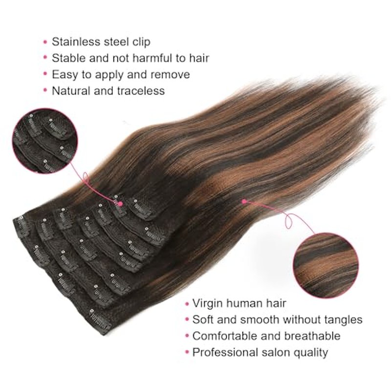 ABH AMAZINGBEAUTY HAIR Yaki Clip in Hair Extensions Human Hair Rooted Black Piano Natural Black #1B With Medium Auburn #30 Two Tone Yaki Straight Clip ins for Black Women 20 Inch Full Head 120G 7Pcs