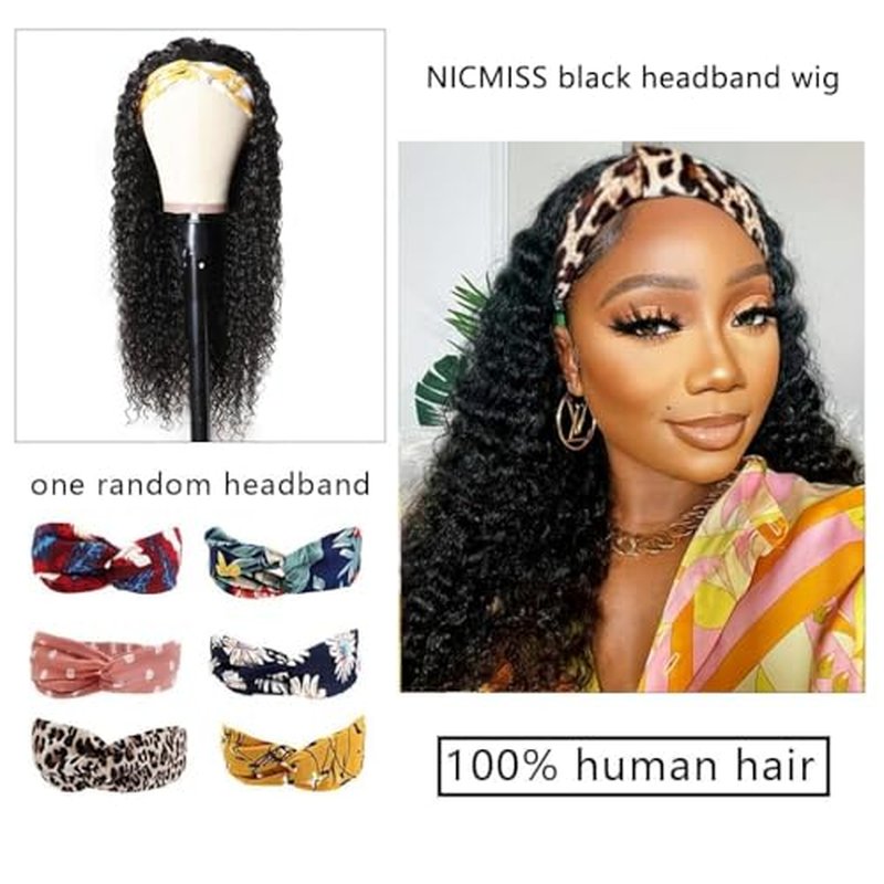 Deep Wave Headband Wig Human Hair 24 Inch Curly Headband Wigs for Black Women Human Hair Glueless None Lace Front Wig Brazilian Virgin Hair Wear and Go Wigs 150% Density Natural Black Color