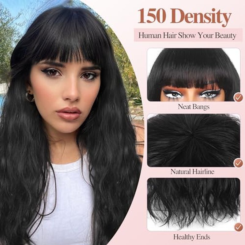 Human Hair Wigs Natural Wave Human Hair Wig with Bangs for Black Women 18 inches None Lace Front Wear and Go Glueless Human Hair Wig