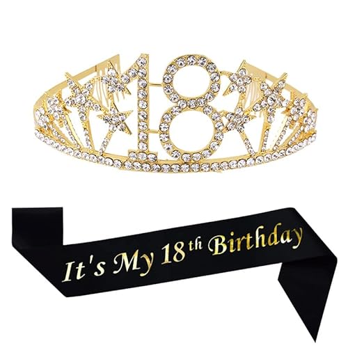 Mayin Happy 18th Birthday Tiara and Sash Gifts Crystal Rhinestone Princess Crown Birthday Girl Party Favor Supplies Gold Crowns Black Sash