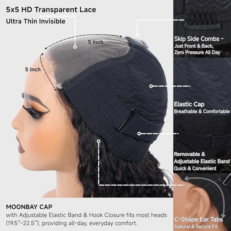 Wear and Go Glueless Wigs Human Hair Pre Plucked Pre Cut 18 Inch Deep Wave 5x5 HD Lace Closure Wigs Human Hair 200 Density with Baby Hair Deep Curly Wig for Black Women