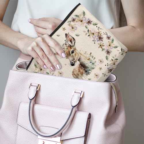 Retro Western Deer Makeup Bag Cosmetic Bag Wildflower Deer Gifts for Women Deer Lovers Western Accessories for Women Girls Mom Best Friend Sister Cow Lovers Christmas Birthday Friendship Gifts