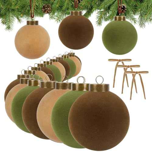 IPOPU 15PCS 3.15" Velvet Christmas Balls with 10PCS Velvet Bows Christmas Tree Ornaments Set Flocked Christmas Balls for Xmas Decorative Hanging Ornaments(Brown, Green, Khaki)