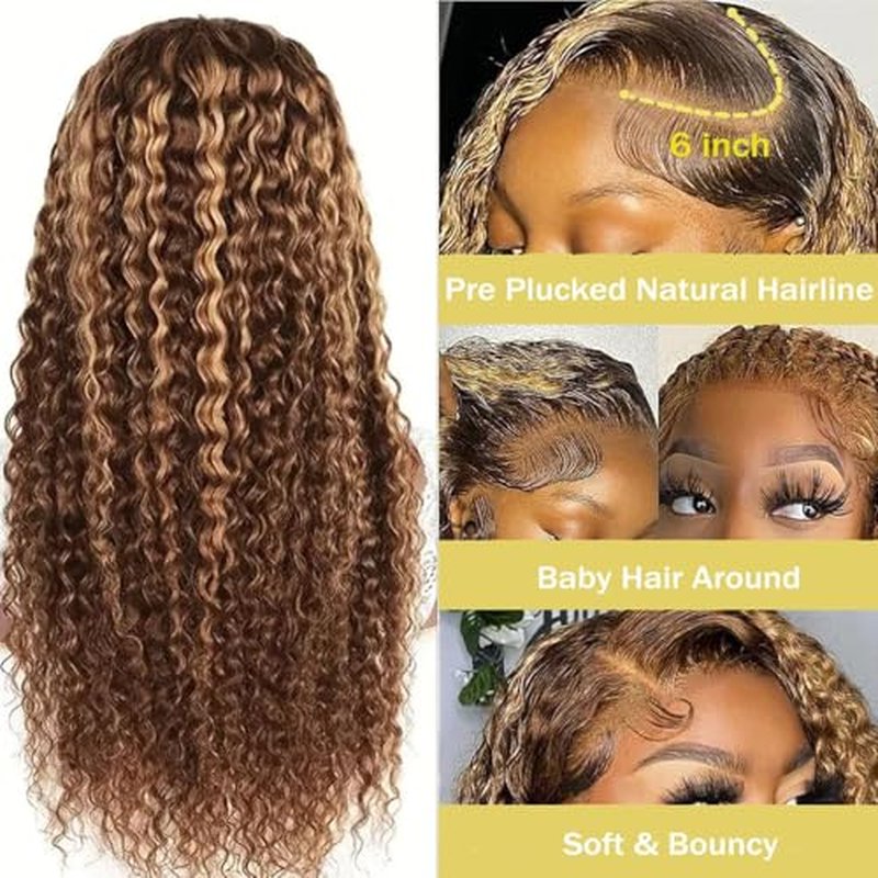 Honey Blonde Ombre Lace Front Wigs Human Hair Pre Plucked 13x6 HD Transparent 4/27 Highlight Deep Wave Wig 200% Density 26 Inch Omer Deep Wave Lace Front Wig with Baby Hair