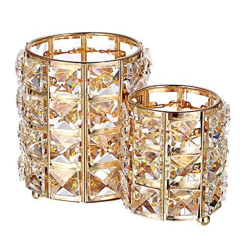 Hipiwe Makeup Brush Holder Gold Bling Crystal Makeup Brush Organizer Round Remote Control Holder Cosmetic Brush Tools Comb Pen Pencil Storage Pot Cup for Vanity, Office, Home Decor, 2-Slot