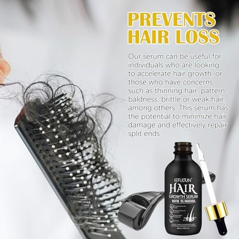 5% Minoxidil for Men and Women with Derma Roller, Hair Growth Serum & Beard Growth Kit, Minoxidil Biotin Hair Regrowth Treatment for Thicker, Fuller Hair - Stop Scalp Hair Loss & Thinning - 2.02 oz