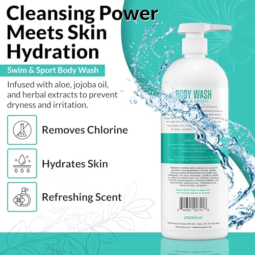 Zealios Swim & Sport Body Wash for Swimmers & Athletes 32oz Skin Care Solution for Men & Women, Removes Chlorine, Sweat & Odor, Provides Cleansing and Hydration from Pool Chemicals, Light Citrus Scent