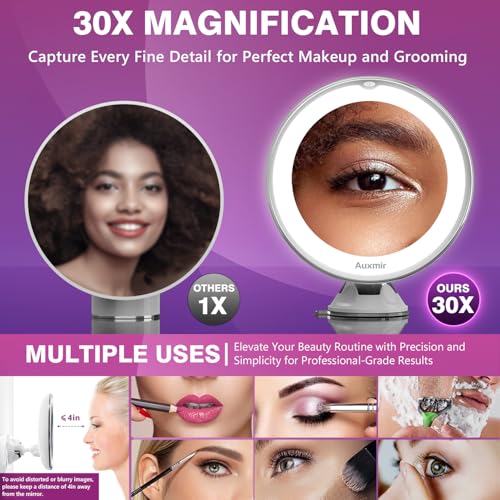 Auxmir 2025 Upgraded 30X Magnifying Mirror with Light, Makeup Mirror with 2-Level Lights, Vanity Mirror with Power Suction Cup and Tweezers, 360¡Æ Swivel, Portable Bathroom Mirror for Home Travel