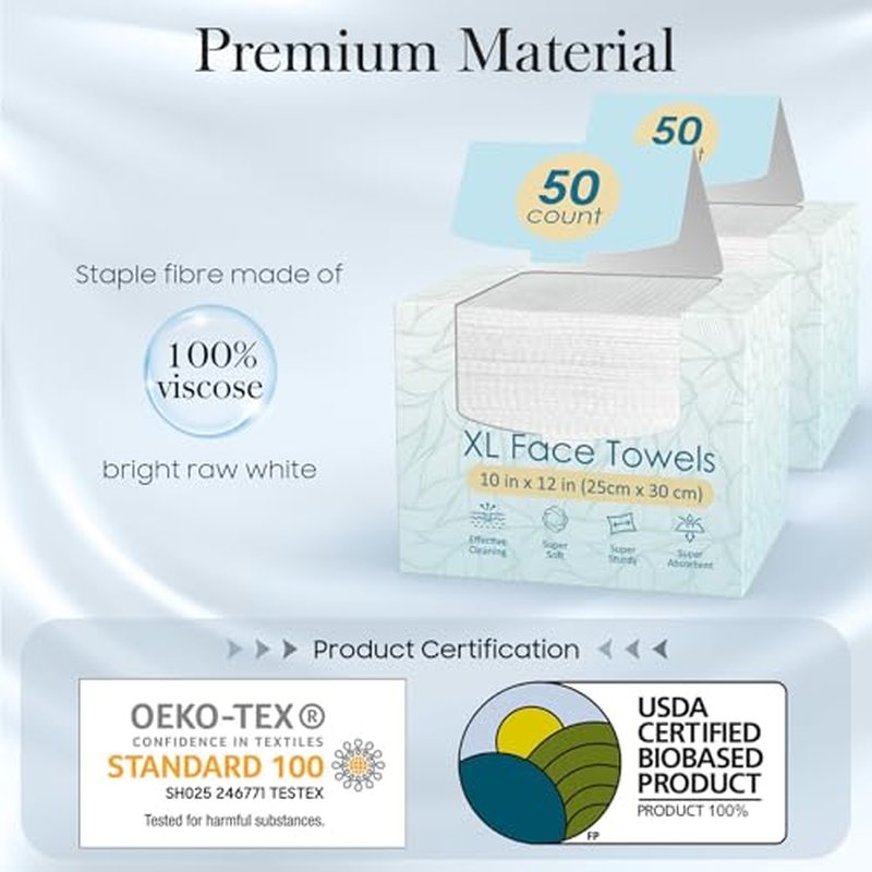 100 Count (2 Box) XL Disposable Face Towels 10¡± x 12¡±, 100% Viscose Fibre, Soft & Skin Friendly Face Towelettes Disposable, Facial Tissue Wipes for Women Cleansing