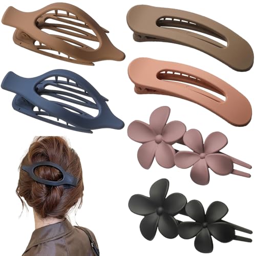 6 PCS Flat Hair Clips, French Lay Flat Claw Clips for Women Girls, 3 Styles Strong Hold Non-slip Matte Hair Claws for Thin Thick Hair(Navy&Brown)