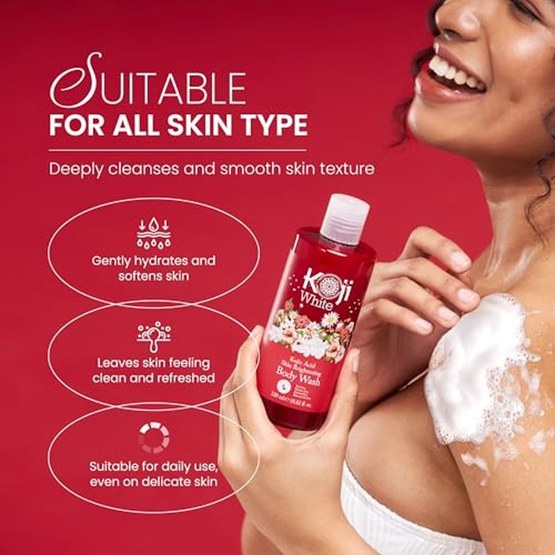Koji White Kojic Acid Skin Brightening Body Wash - Daily Moisturizing Cleanser, Uneven Skin Tone with Flower Acid Extracts, Hyaluronic Acid, Vitamin E & B5, Vegan Body Wash, 10.82 Fl oz