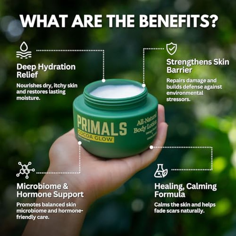 PRIMALS All Natural Body Lotion - Cocoa Butter & Mango Butter - 100% Naturally Derived Ingredients - Alcohol Free, Artificial Fragrance Free, Paraben Free, Petroleum Derivative Free - 8.45 oz