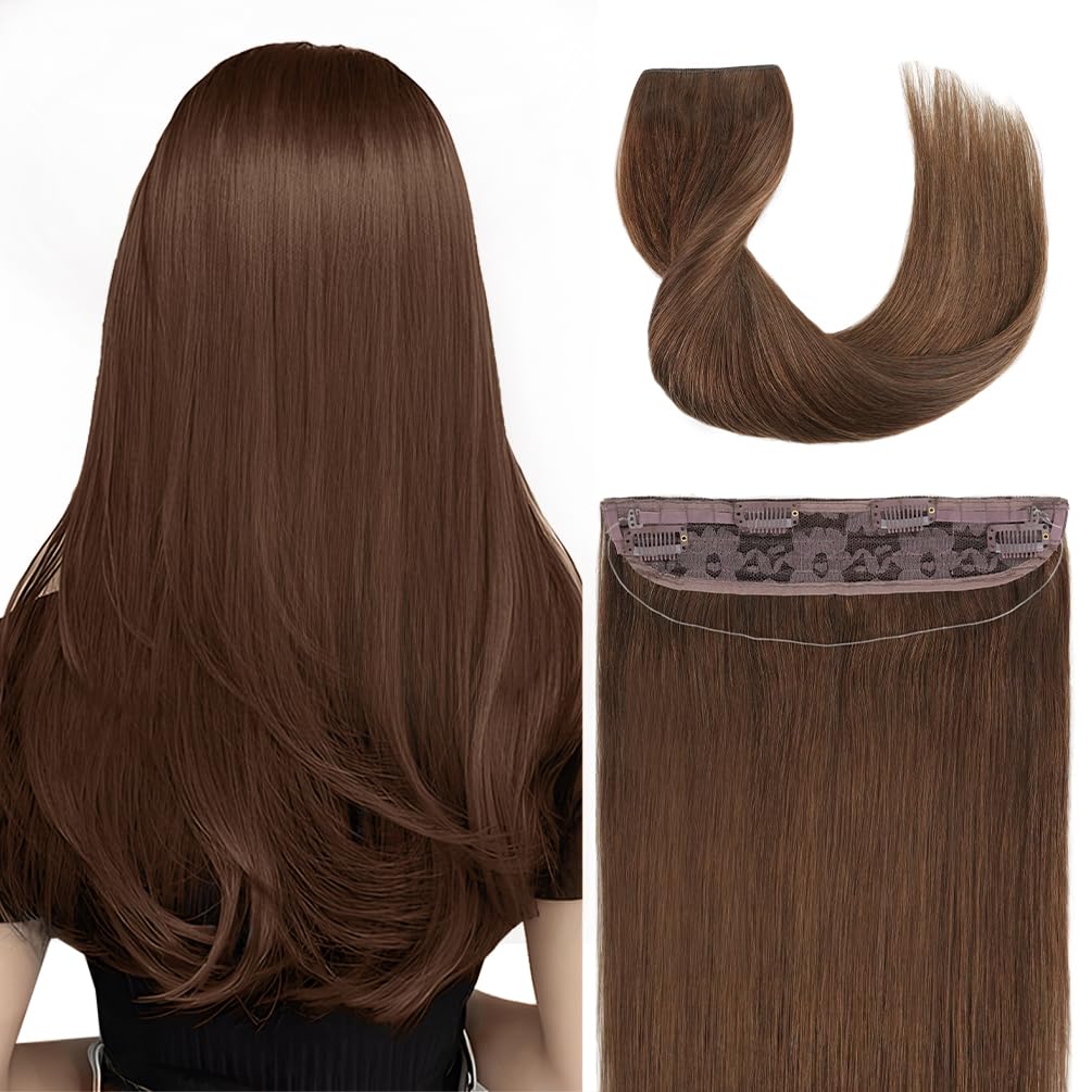 Invisible Wire Hair Extensions Real Human Hair - 14 Inch 70G Chestnut Brown Transparent Fish Line Clip-Ins Hair Piece, 100% Remy Human Hair Extensions for Women