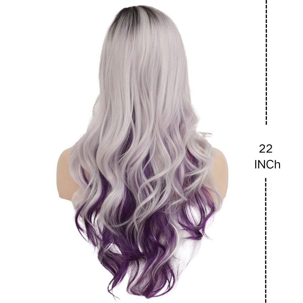 Long Curly Wig for Women - Grey Purple with Dark Roots | Heat-Resistant Cosplay & Halloween Costume