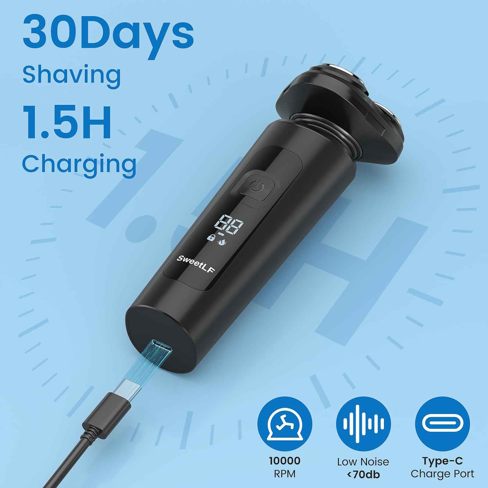 SweetLF Electric Razor for Men, IPX7 Waterproof, Wet & Dry Shaving, Type-C Fast Charging, LED Display, Pop-up Beard Trimmer, Men's Gift, Black
