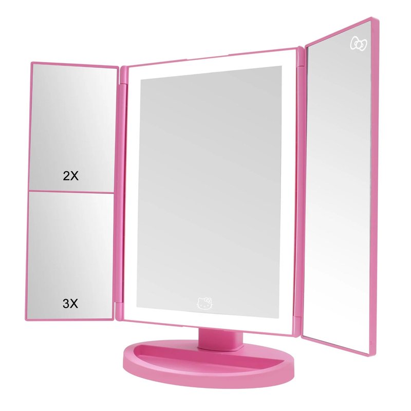 Impressions Vanity Hello Kitty Pink A Dot Trifold LED Makeup Mirror with Artwork, Vanity Mirror with Strip LED Tri Tone Light, Dual Magnification Touch Sensor, and Adjustable Tilt, Catchall Storage