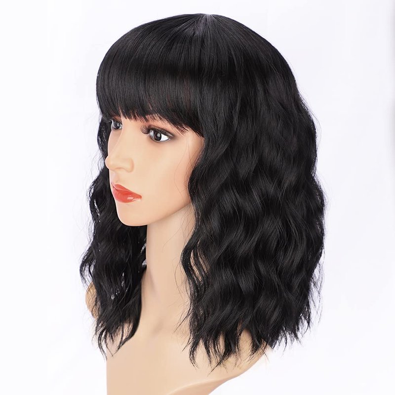 Curly Bob Wig - Short Synthetic Black Wig with Bangs | Heat Resistant Fiber for Natural Look