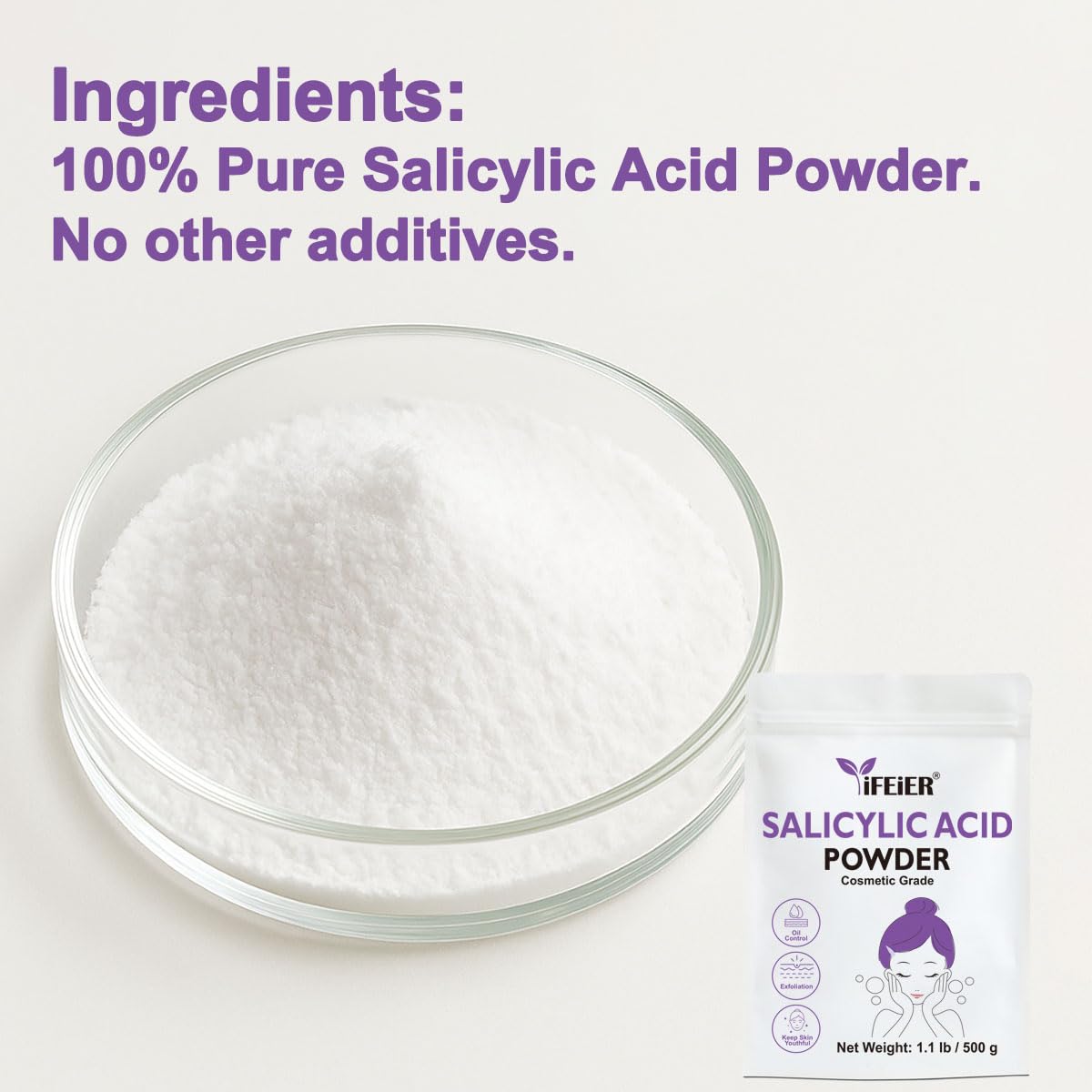 iFEiER Pure Salicylic Acid Powder | Cosmetic Grade Salicylic Acid 1.1 LB (500 g) | acido salicilico powder for DIY BHA Exfoliant, Hair & Industrial Use | Make Serum