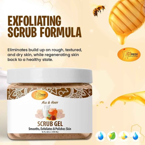 SPA REDI – Exfoliating Scrub Pumice Gel, Milk and Honey, 16 Oz - Manicure, Pedicure and Body Exfoliator Infused with Hyaluronic Acid, Amino Acids, Panthenol and Comfrey Extract