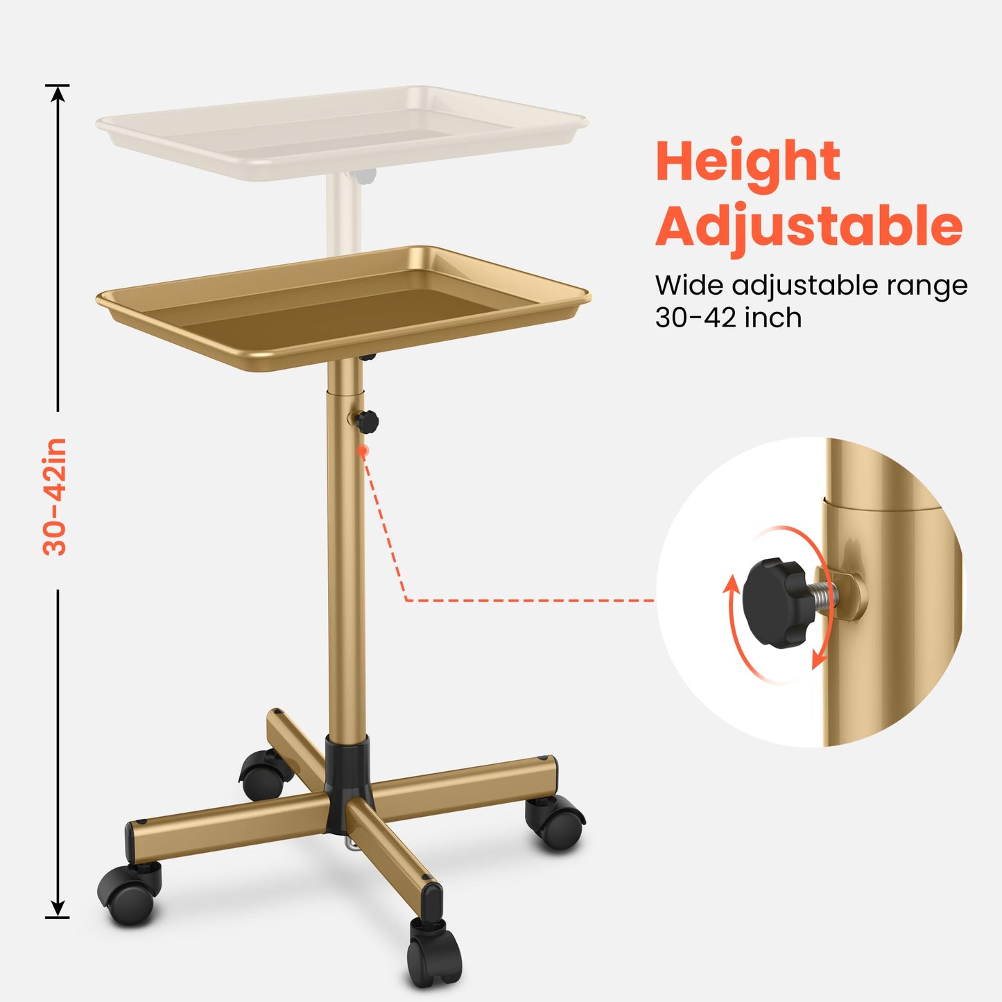 TASALON Premium Salon Tray on Wheels, Aluminum Salon Rolling Tray Trolley for Salon Essentials, Adjustable Height Provides Ample Storage for Hairstylist Tray, Tattoo Tray and Clinic Tray Use - Gloden