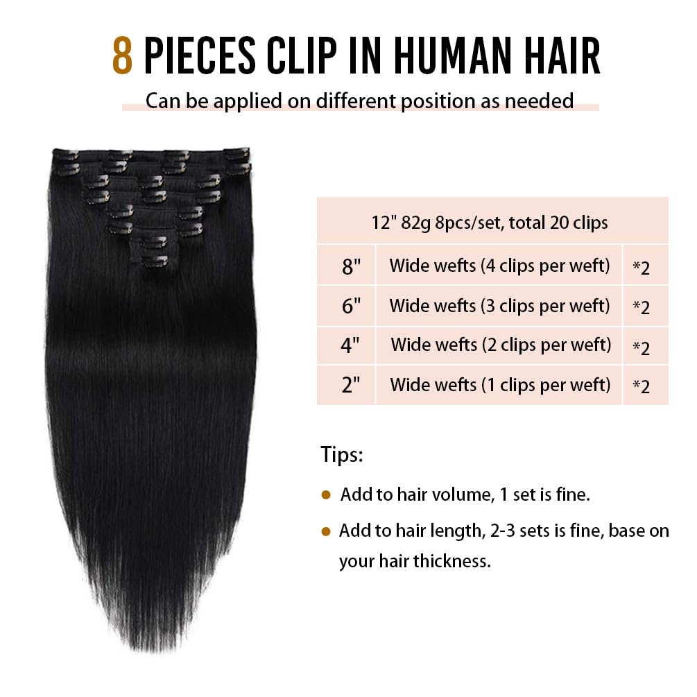 14" Remy Clip in Hair Extensions Human Hair Natural Black to Chestnut Brown Highlight Black for Beauty - Short Silky Straight 8pcs Real Hair Extensions Clip In Human Hair(14 inch 100g #(1BT6) P1B)