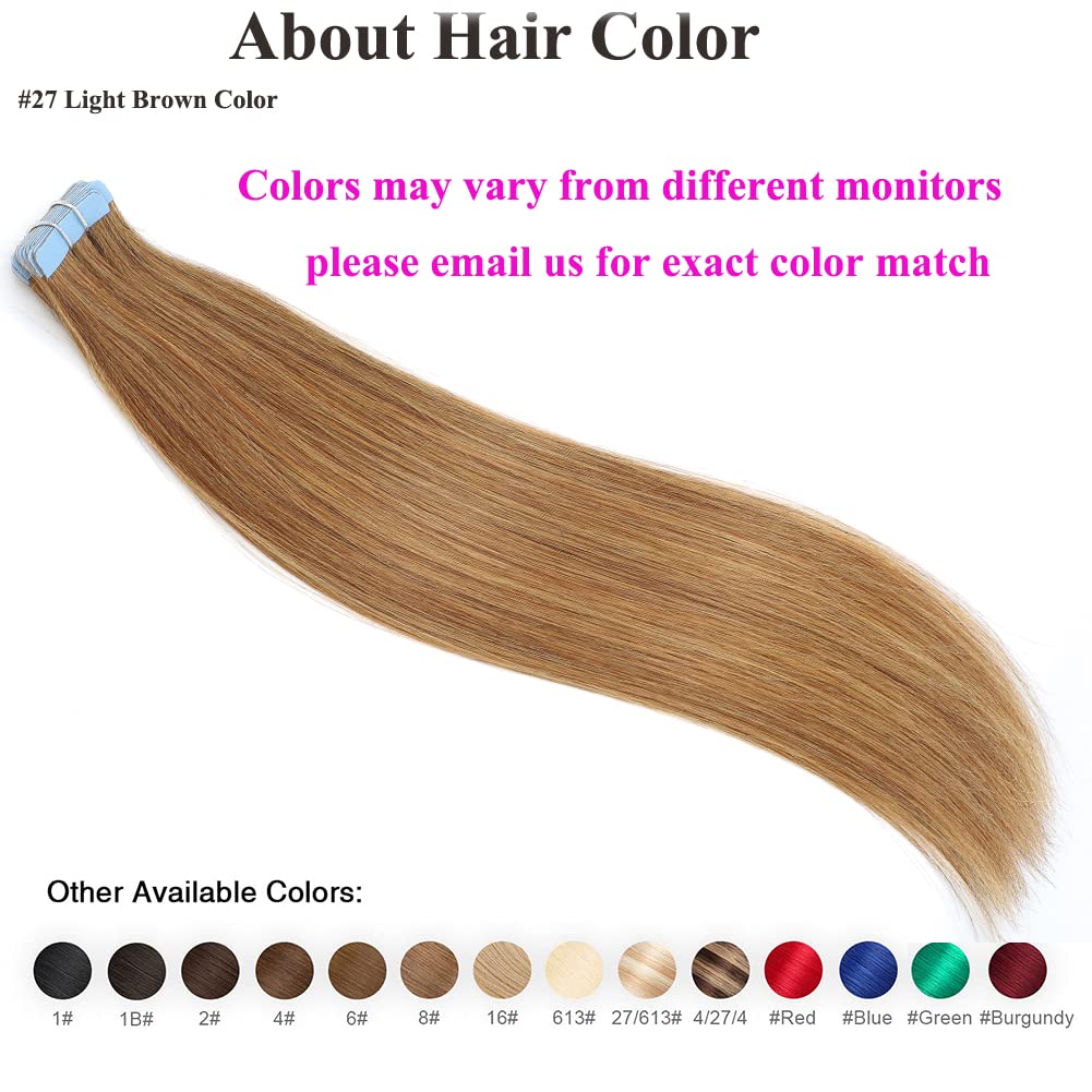 Amella Hair Tape in Hair Extensions #27 Light Brown 100% Remy Human Hair Extensions Silky Straight for Fashion Women 20 Pcs/Package(12 Inch #27 40g)