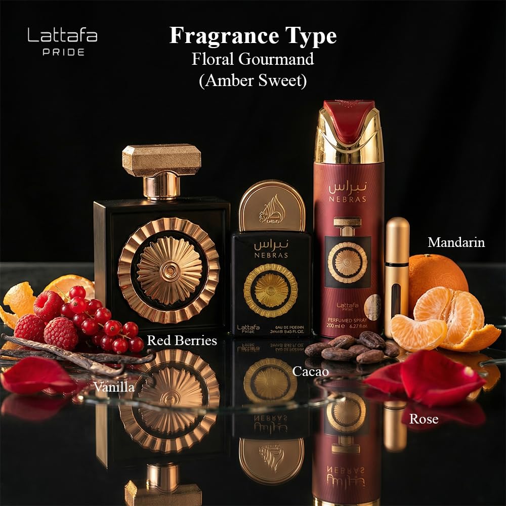 Lattafa Pride Nebras Gift Set - Fruity Sweet Vanilla Amber | 3.4oz & 0.65oz Eau de Parfum + 6.67oz Deodorant Spray